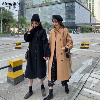 

Long Woolen Coat Women Camel Elegant Ladies Pockets New Streetwear All-match Loose Straight Friends Chic Vintage Leisure Ulzzang
