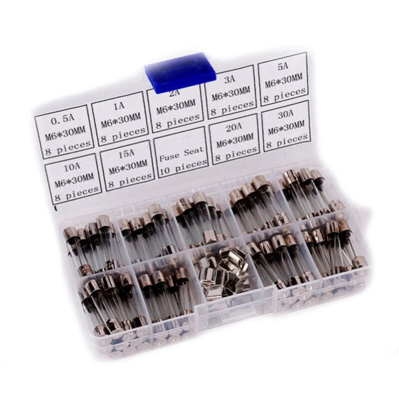72Pcs/Set 6*30mm Fuse Assorted Kits DIY Quick Blow Glass Tube Fast-blow Glass Fuses 0.5A 1A 2A 3A 5A 8A 10A 15A 20A 30A