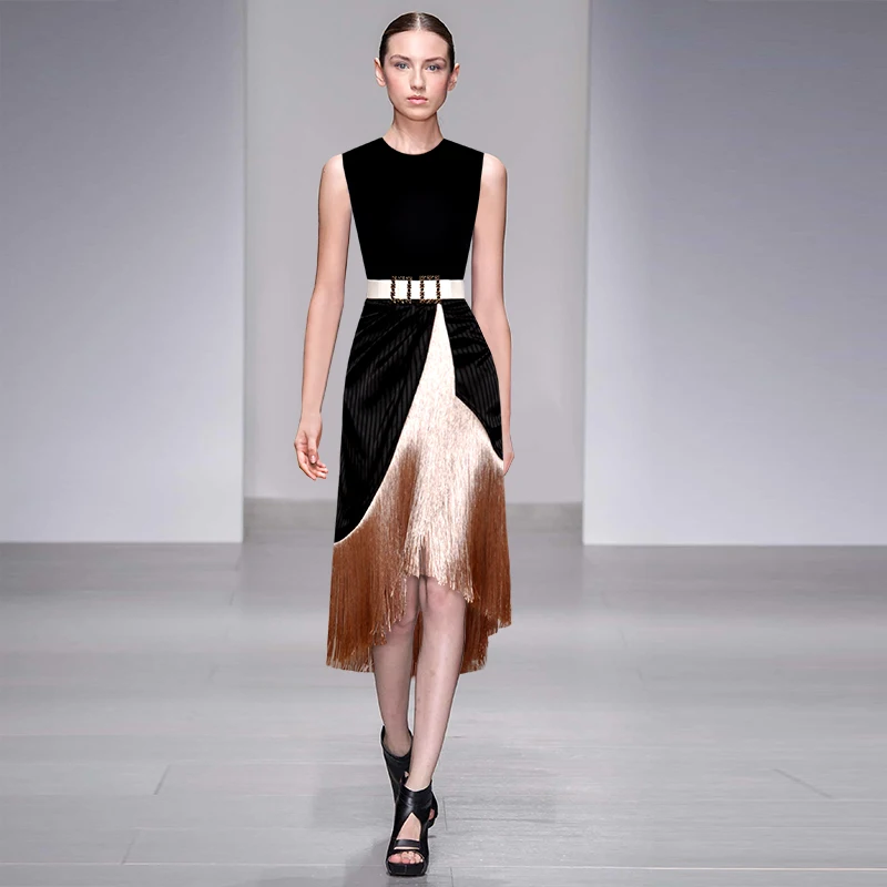 

2019 New Runway Women Set Two Piece Suits High Quality Luxury Designers O Neck Sleeveless Knitted Tops and Tassel Skirts Belt