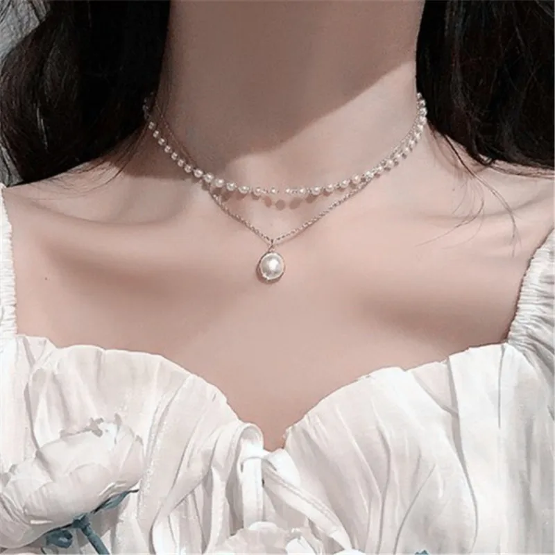 New Korean Pearl Necklaces for Women Gold Color Link Chain