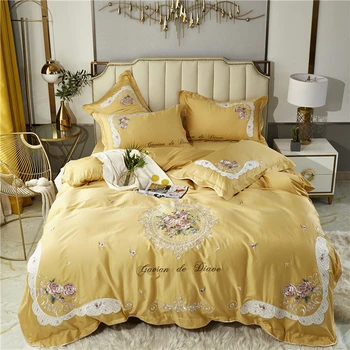

Yellow 800TC Egyptian Cotton Pastoral Flowers Embroidery Bedding Set Double Duvet Cover Set Bed Linen Fitted Sheet Pillowcases