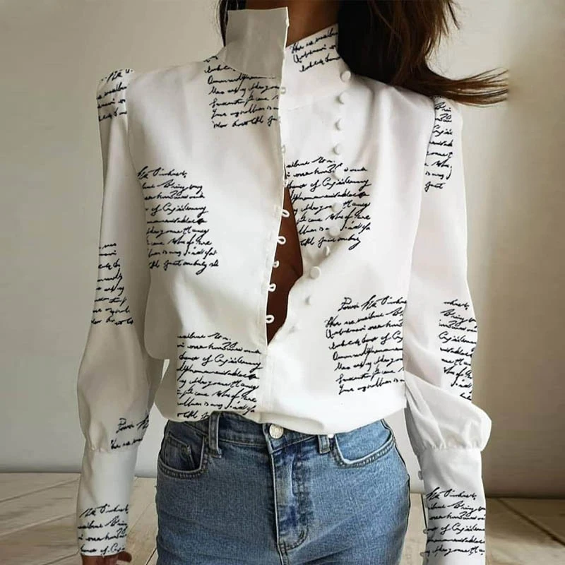 Letters print Женская блузка на пуговицах со стоячим воротником, Офисная Женская рубашка с буквенным принтом, пуловеры с длинным рукавом, Повседневная Блузка, топы, блузы для женщин - Цвет: Letters print