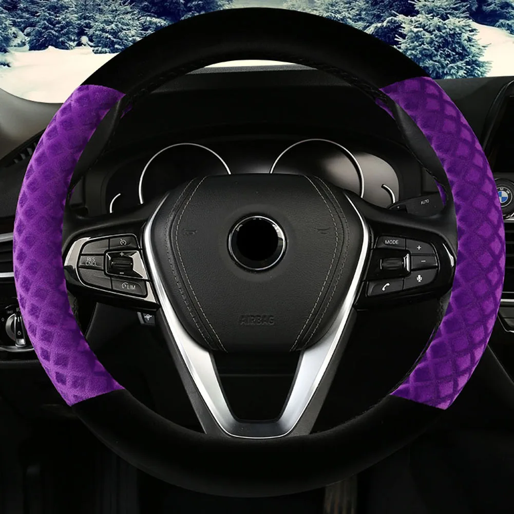 Фиолетовый Мягкий плюшевый автомобильный чехол на руль, зимние теплые Чехлы для автомобиля, аксессуары для интерьера - Название цвета: Фиолетовый