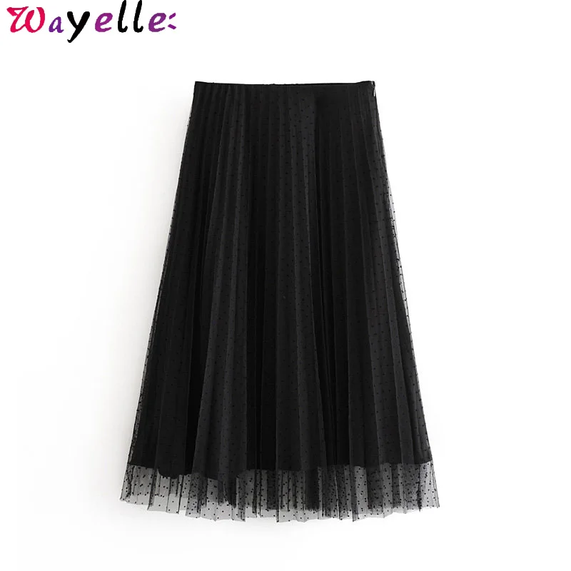 Гофрированный С Сеткой миди юбка женская модная в горошек с боковой молнией Милая длинная юбка для девочек Повседневная элегантная шикарная Женская юбка