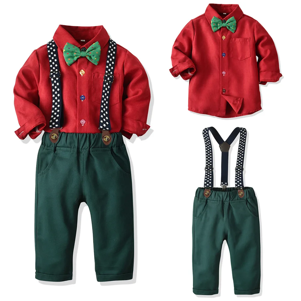 Christmas Formal Boys Clothing Suits Autumn Fall Spring Boy Baby Polka Dot Bowknot Shirt Suspender Pants Clothes Party Outfits | Детская