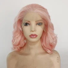 MRWIG Short curly bob pink synthetic front lace wig glueless middle part young lady party cosplay