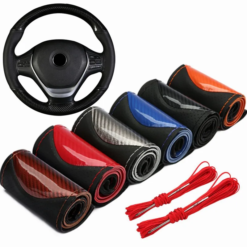 Housse de volant de voiture en Fiber de carbone, couvre-volant de sport  cousu à la main, couvre-volant de voiture antidérapant, tresse en cuir pour  volant - AliExpress