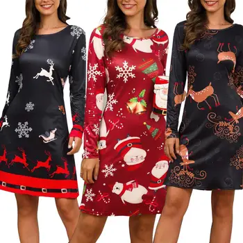 

Christmas Women Santa Snowflake Elk Print Long Sleeve O Neck A Line Midi Dress Dress Holiday Decoration Clothing Christmas dress