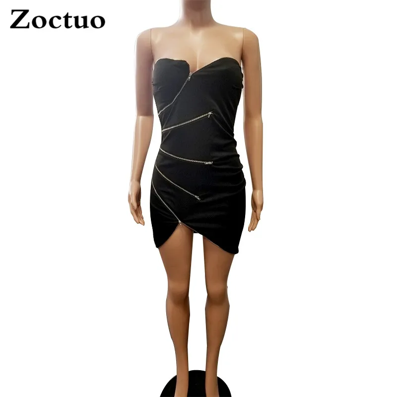 Zoctuo Women Sexy Strapless Irregular Zipper High Waist Pullover Patchwork Color Solid Night Club Short Dress Drop Shipping