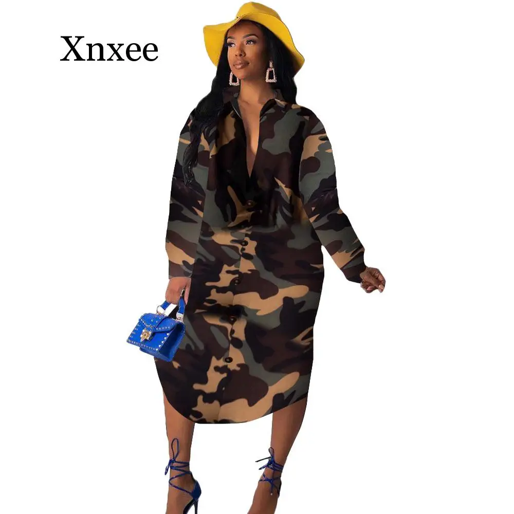 

Camouflage Print Long Sleeve Shirt Dress Women Turn-down Collar Button Up Casual Dress Streetwear Loose Oversized Shirt Dress