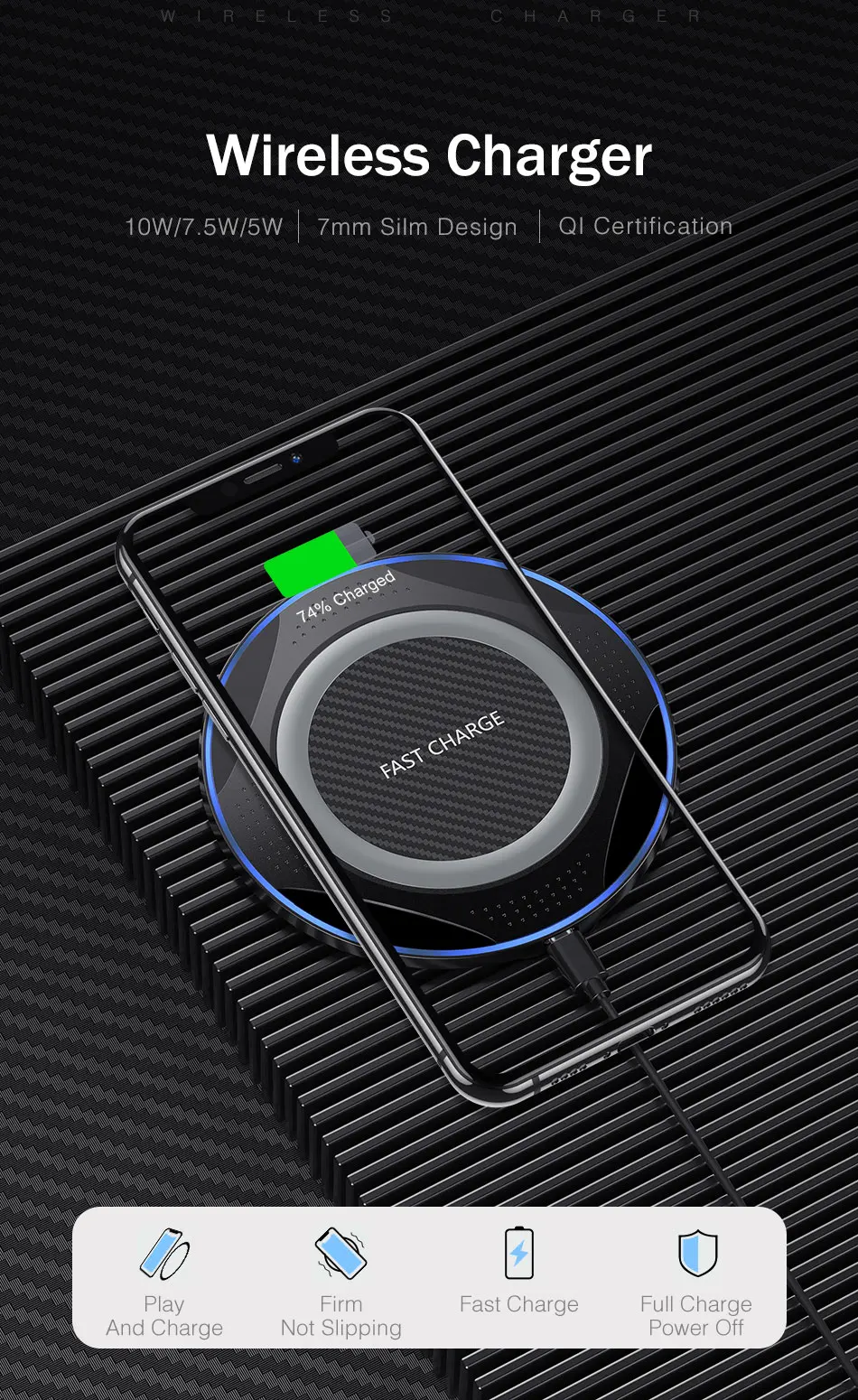 YKZ 10 Вт Qi Беспроводное зарядное устройство для iPhone X XS Max XR 8 Plus быстрая Беспроводная зарядка для samsung S10 S9 зарядное устройство для мобильного телефона