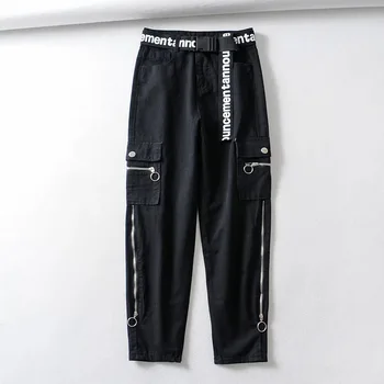 

Black Trendy Cargo Denim Pants Women Boyfriend Jeans with Belts and side pockets Autumn Trousers Female