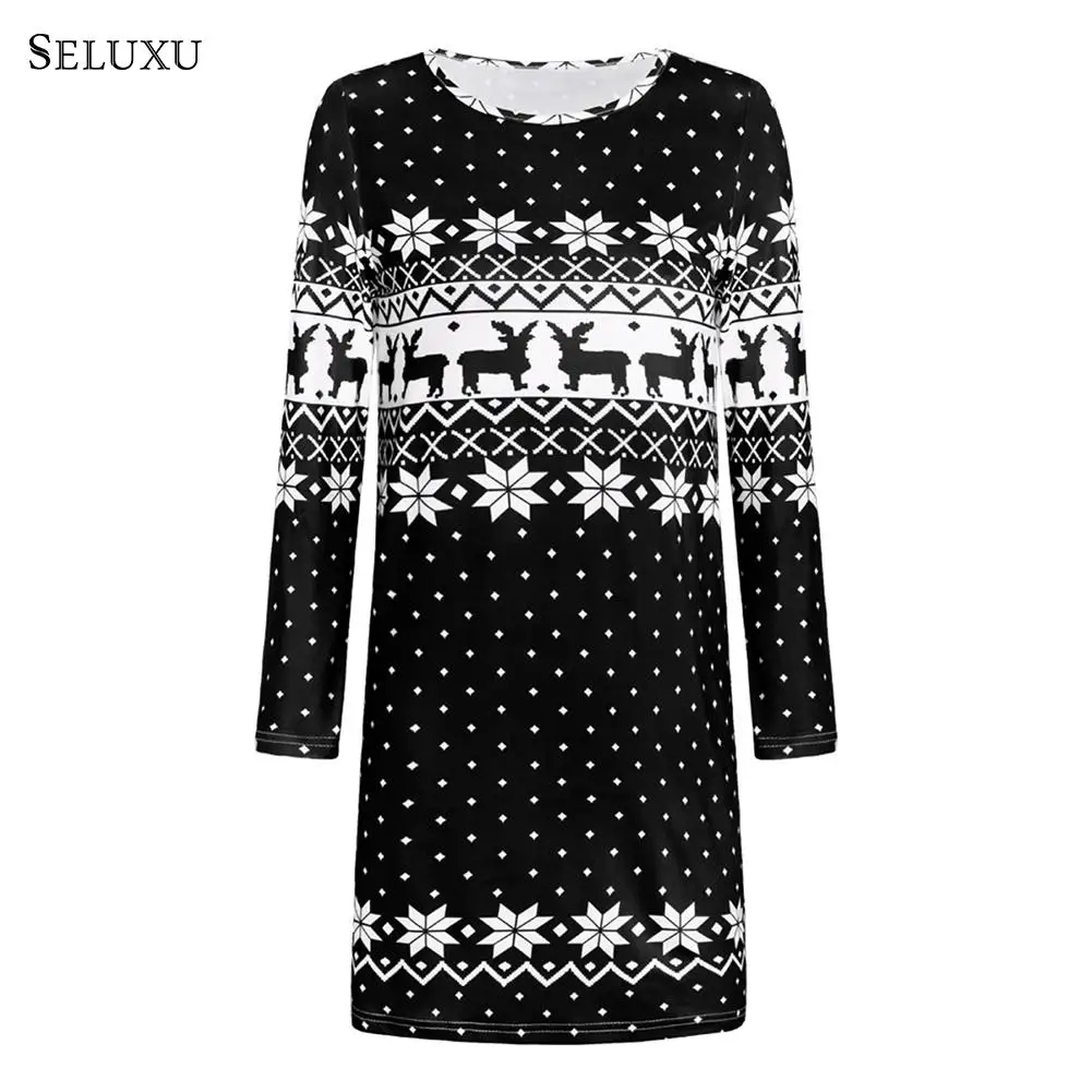 Seluxu, Осеннее женское платье, рождественское платье с цветочным принтом, платье ELK с длинным рукавом и круглым вырезом, Рождественская одежда, Повседневное платье