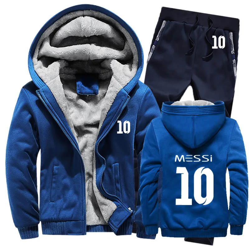 Зимняя мужская толстовка с капюшоном Messi 10 принт мужские s толстовки костюм толстый теплый флис хлопок спортивный костюм на молнии мужская куртка+ брюки комплекты из 2 предметов