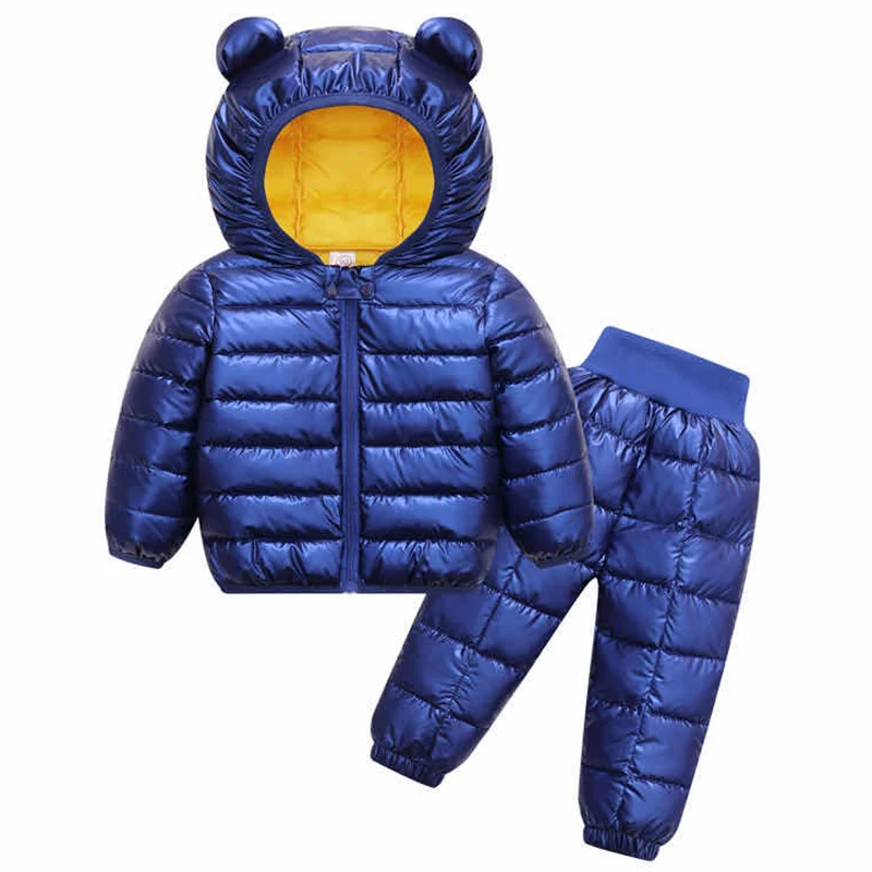 Toddler winter kids clothing set warm faux down jacket pants overalls