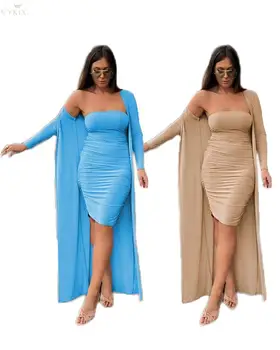 

Women Set Sleeveless Strapless Dress+ Long Cape Solid Two Piece Set Night Club Outfits 2 Piece Set Women Outfits Matching Sets