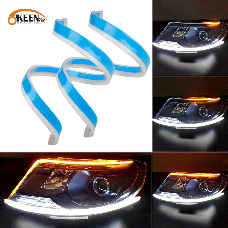 

OKEEN Car LED Light 12V White DRL With Turn Signal Flashlight 30cm 60cm Headlight Led Tube Strip Yellow Flowing Day Light