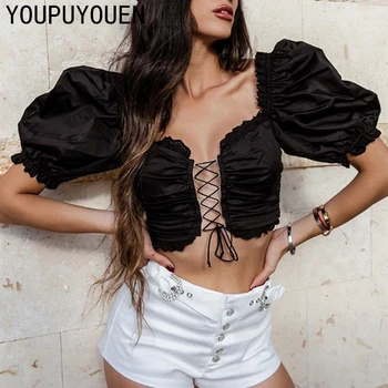 

2021 Summer New Women Lace Bandage Puff Short Sleeve Cardigan Crop Top White Black Fashion Hollow Ruffle Ruched Backless Clothes