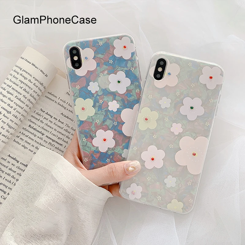 GlamPhoneCase Seashell Rhinestone Flower Phone Case For iPhone X XS Max XR Soft Silicone Cover 7 8 6 6s Plus |