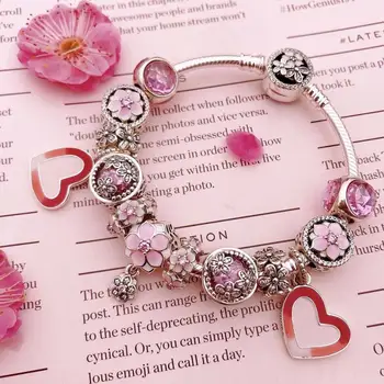 

High quality 1:1 100% 925 silver sterling magnolia heart pendant free shipping bracelet
