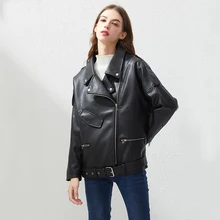 Faux Leather Jacket Women Loose Sashes Casual Biker Jackets Outwear Female Tops BF Style Black Leather Jacket Coat