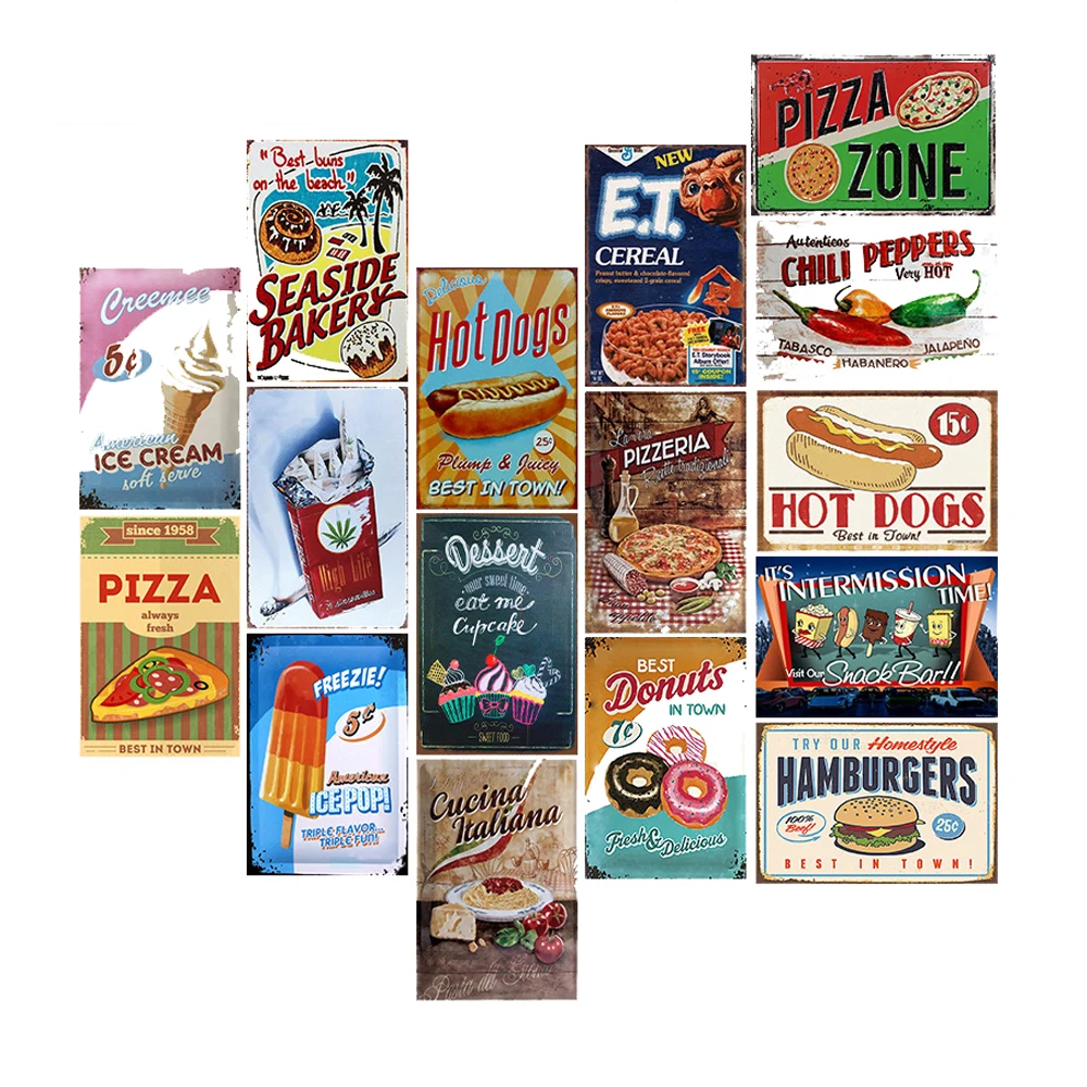 

Pizza Hot Dogs Hamburger Ice-cream Food Series Tin Sign Kitchen Fast-food Shop Indoor Decor Metal Plaques Iron Hanging Painting