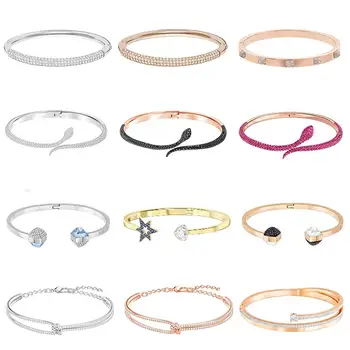 

High Quality Swa SL009 Original Minimalist Inlaid Brick Fine Bracelet Square Pointed Smile Open Kinky Snake Crystal Bracelet