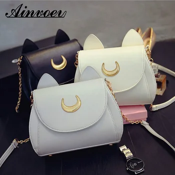 

Ainvoev Shoulder Bag PU Leather Women Messenger Crossbody Small Bag Summer Sailor Moon Ladies Handbag Black Luna Cat Shape Chai