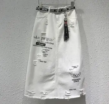 

2020 New Women spring Summer Fashion Casual High Waist jeans skirt letter hole White package hip Denim Skirt