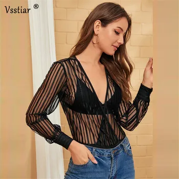 

Vsstiar Summer Striped Bodysuit Women Black Long Sleeve V Neck Bodycon Romper Sexy Party Mesh Patchwork Overalls
