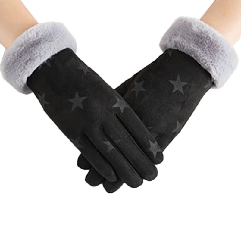 A Новые зимние женские перчатки, женские теплые удобные кашемировые перчатки с принтом, двойные толстые плюшевые перчатки для вождения с сенсорным экраном - Цвет: A
