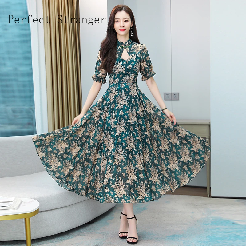 herwinnen bereik Ijdelheid Hoge Kwaliteit 2021 Zomer Nieuwe Collectie Cheongsam Stand Kraag Bloem  Gedrukt Korte Mouwen Vrouwen Chiffon Lange Jurk M 3XL|Jurken| - AliExpress