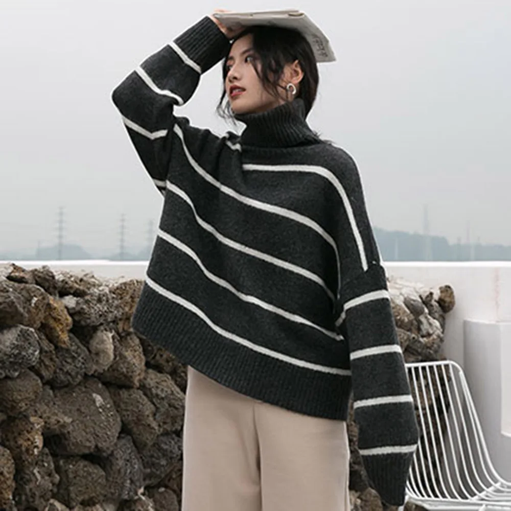 

Sweater For Women 2020 Autum Winter Outwear Turtleneck Pullover Knit Stripe Fashion Casual College Style Simple Versatile