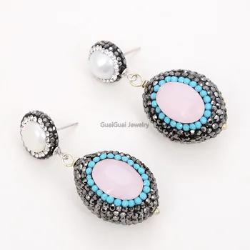 

GG Jewelry Natural White Pearl Pink Crystal Black Macarsite Silver Stud Earrings