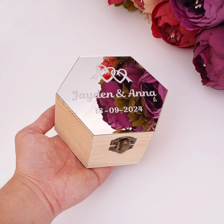 Hexagon Shape Acrylic Mirror Cover Box With Hearts Custom Name