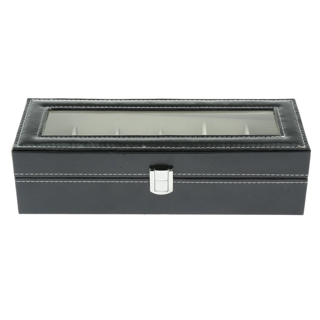 6 Slots Classy Watch Box Holder Wristwatch Display Case Cufflinks Earrings Storage Organizer with Glass Top for Women Men Gifts