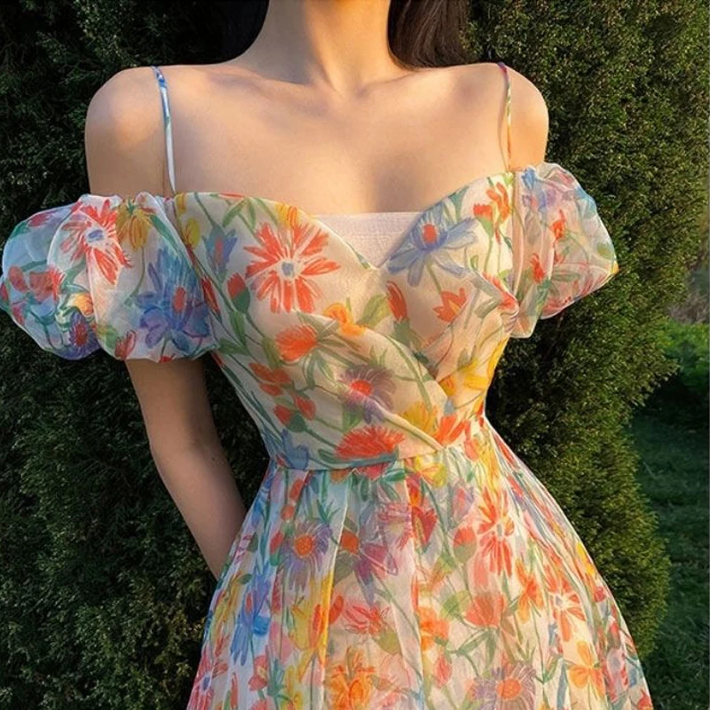 Summer Floral Design Elegant Midi Dresses Women Office Lady One Piece Dress Korean Short Sleeve Vintage Beach Strap Dress 2021