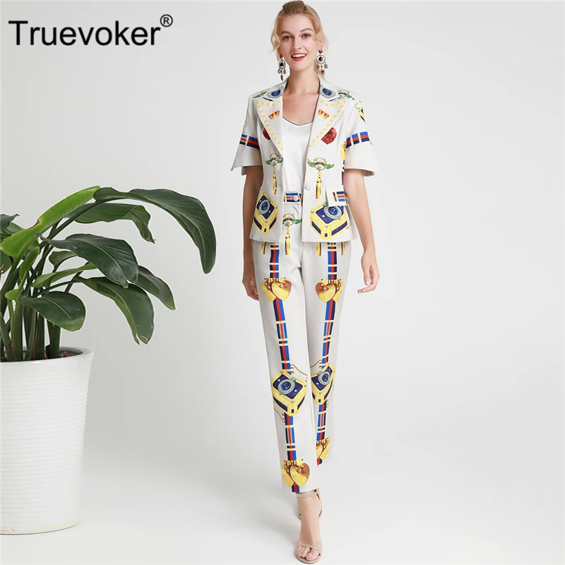 Truevoker дизайнерский осенний костюм женский элегантный короткий рукав черный блейзер с принтом и брючный костюм комплект из двух предметов для вечерние