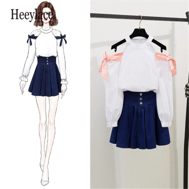

Patchwork Bowknot Off Shoulder Flare Sleeve Halter Collar Shirts+single Breasted High Waist Ruched Denim Skirts Women Sweet Sets