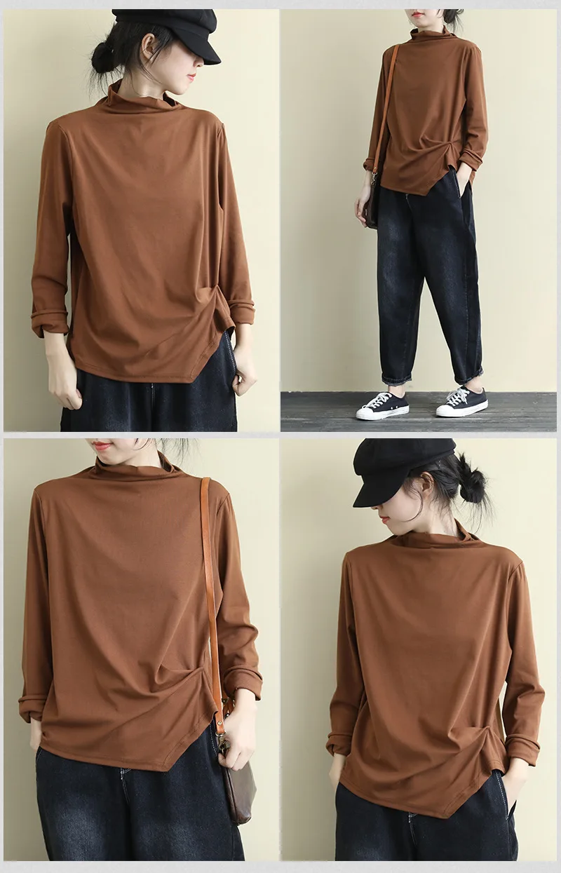 QPFJQD Spring Autumn Womens Cotton T Shirt Literary Long Sleeve Turtleneck Top Tees Ladies Warm Keep Shirt Mori Girls Tshirts
