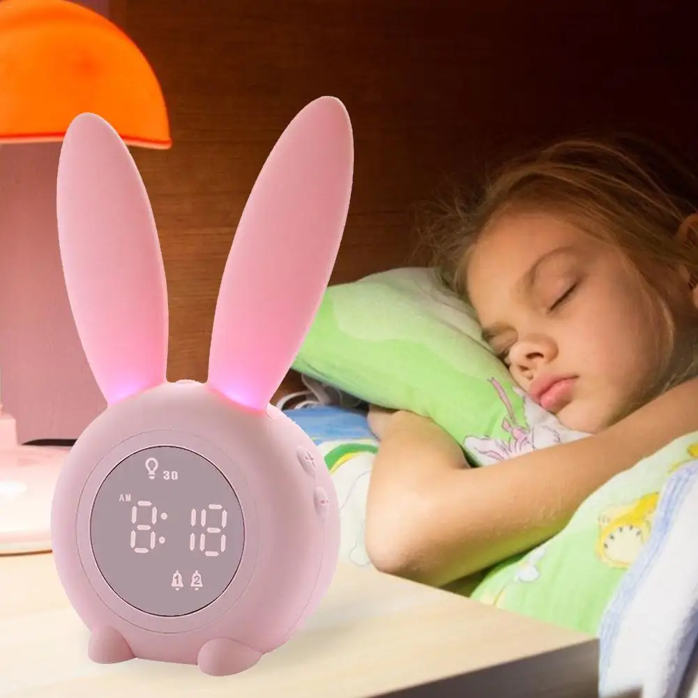 

Cute Rabbit Alarm Clock Silicone Induction Night Light Alarm Clock with Temperature Display for Children's gift bedroom Decor