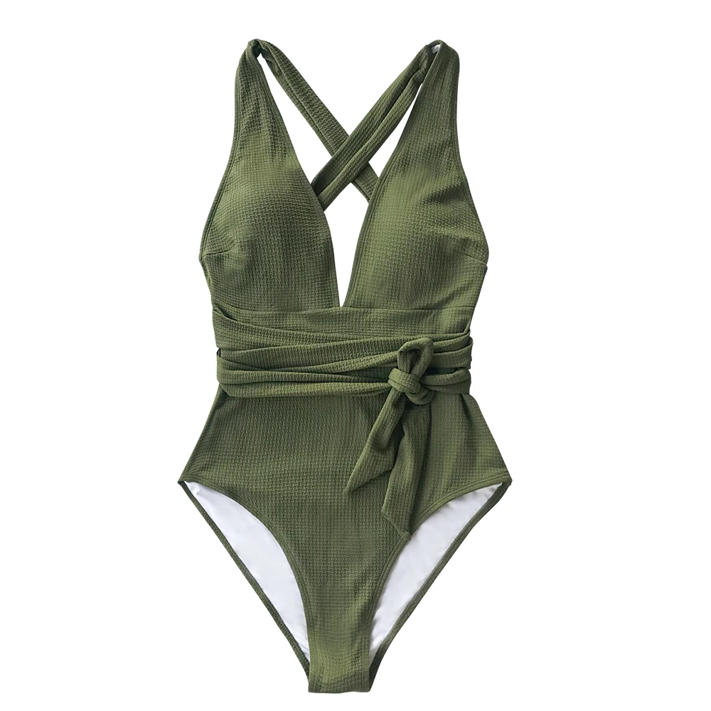 CUPSHE, оливковый, текстурированный, слитный купальник, женский, сексуальный, v-образный вырез, на завязке с открытой спиной, монокини,, для девушек, пляжный купальник, купальник - Цвет: Армейский зеленый
