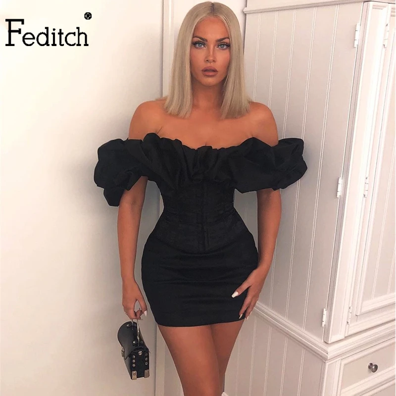 Feditch Satin Ruffles Sleeve 2020 Summer Dress Backless Strapless Bodycon White Dress Short Sexy Party Dress Nightclub Vestidos