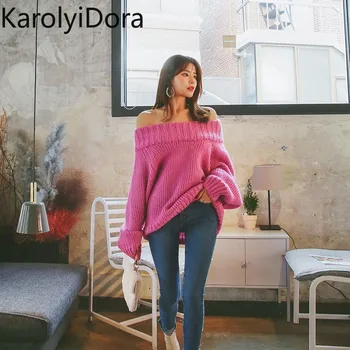 

Fashion Slash-neck Full Sleeve Knitted Sweater Women Cold Shoulder Elastic Knitted Pullovers Femme 2020 Sexy Off-shoulder Jumper