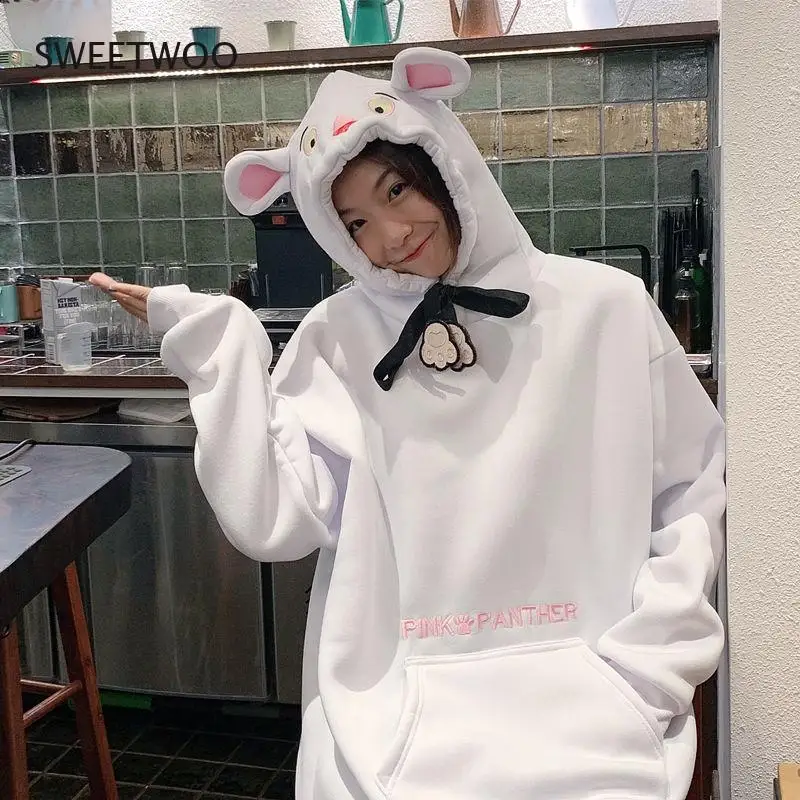 New Hoodies Women Winter Warm Thickening Sweet Cute Hat Long Sleeve Hooded Pullover Korean Loose Women's Tops Sweatshirt Loose