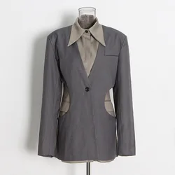 Senhora do escritório design blazers sólido único botão retalhos em linha reta feminino turn down collar fino encaixe blazer ternos duas peças