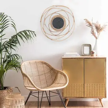 

Wicker Woven Mirror Nordic Rattan Hanging Wall Decorative Mirror Art Deco Round Mirror Living Room Wall Hanging Mirror Hand-made