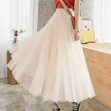 Korean Mesh Skirts Womens Elegant Women Pleated Skirt Plus Size Woman High-waist Midi Skirts Faldas Mujer Moda Woman Long Skirts
