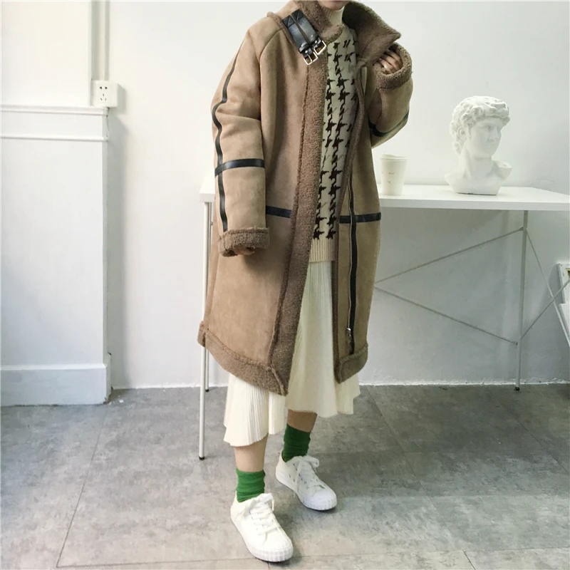 Зимнее женское пальто из искусственной замши в стиле пэчворк, большие размеры, Свободное длинное пальто, верхняя одежда, толстые теплые парки из овечьей шерсти, w80