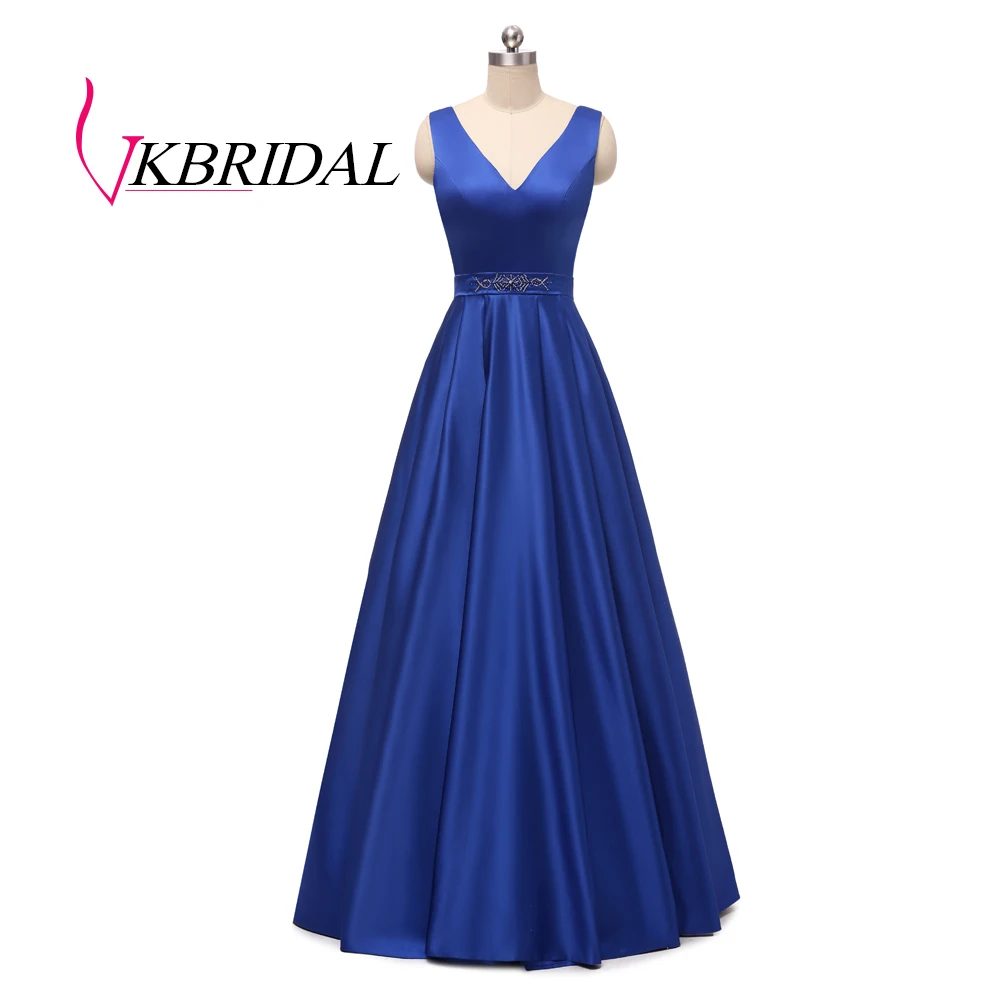 VKBRIDAL ярко-синие вечерние платья для женщин А-силуэт v-образный вырез атласное официальное длинное платье на выпускной с карманами